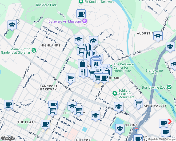 map of restaurants, bars, coffee shops, grocery stores, and more near in Wilmington