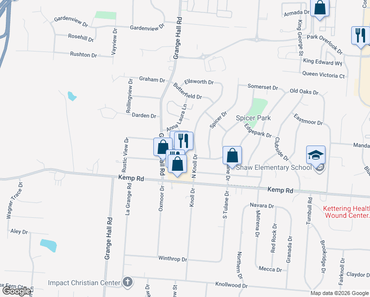 map of restaurants, bars, coffee shops, grocery stores, and more near 2346 Big Sur Circle in Dayton