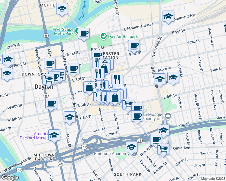 map of restaurants, bars, coffee shops, grocery stores, and more near 131 Wayne Avenue in Dayton