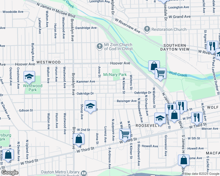 map of restaurants, bars, coffee shops, grocery stores, and more near 423 Mcnary Avenue in Dayton