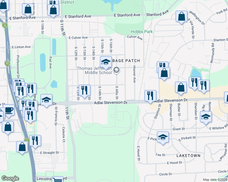 map of restaurants, bars, coffee shops, grocery stores, and more near 1501 Chalmers Street in Springfield