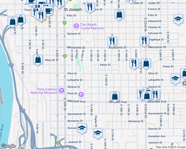 map of restaurants, bars, coffee shops, grocery stores, and more near 1401 Olive Street in Saint Joseph