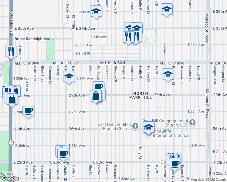 map of restaurants, bars, coffee shops, grocery stores, and more near 2924 Forest Street in Denver