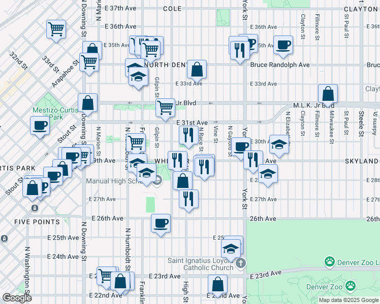 map of restaurants, bars, coffee shops, grocery stores, and more near 2926 High Street in Denver