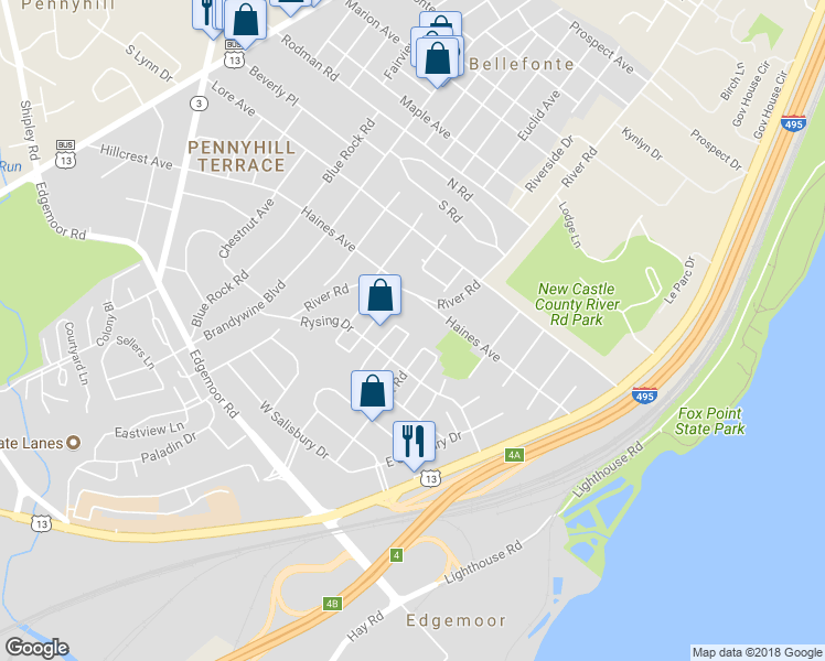 map of restaurants, bars, coffee shops, grocery stores, and more near 39 North Cannon Drive in Wilmington
