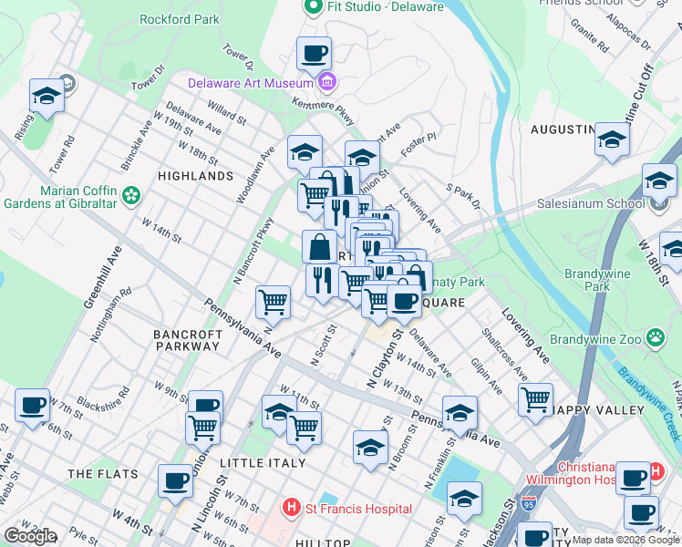 map of restaurants, bars, coffee shops, grocery stores, and more near in Wilmington