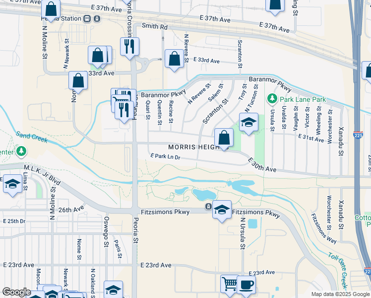 map of restaurants, bars, coffee shops, grocery stores, and more near 12526 East 30th Avenue in Aurora