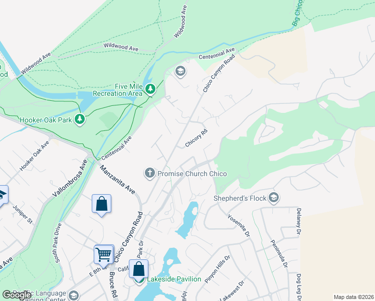 map of restaurants, bars, coffee shops, grocery stores, and more near 38 Chicory Road in Chico