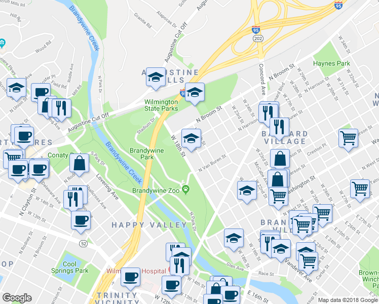 map of restaurants, bars, coffee shops, grocery stores, and more near 801 West 18th Street in Wilmington