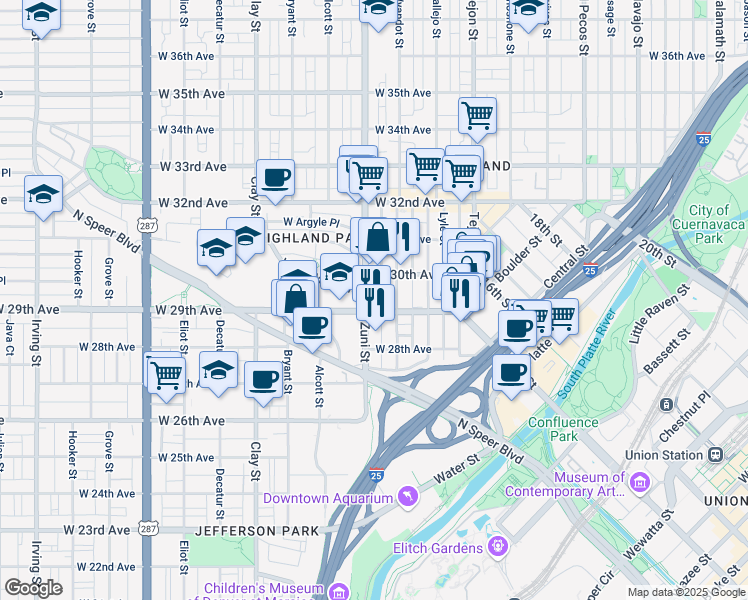map of restaurants, bars, coffee shops, grocery stores, and more near 2933 Wyandot Street in Denver