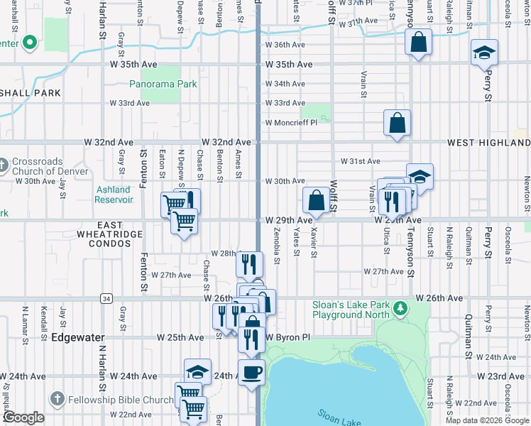 map of restaurants, bars, coffee shops, grocery stores, and more near in Denver