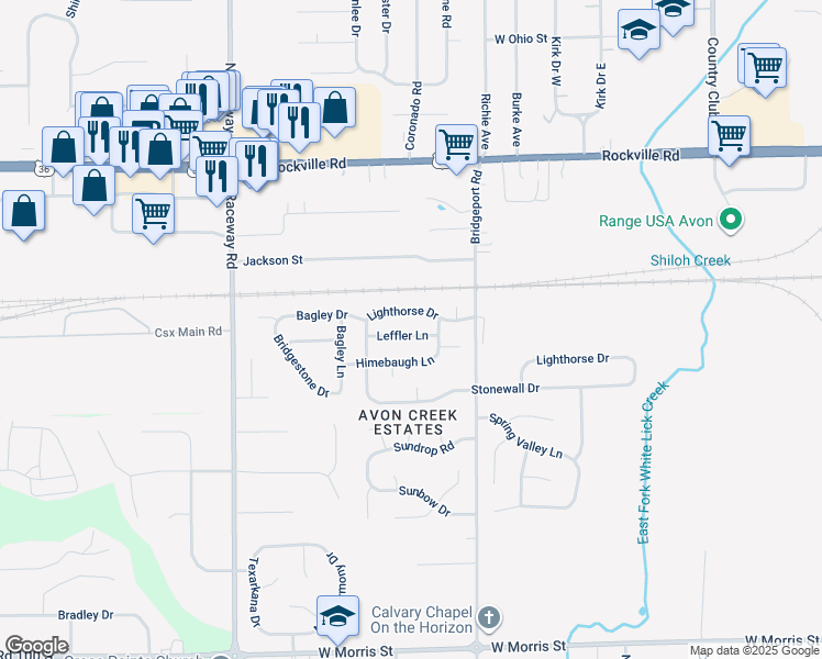map of restaurants, bars, coffee shops, grocery stores, and more near 8920 Leffler Lane in Indianapolis