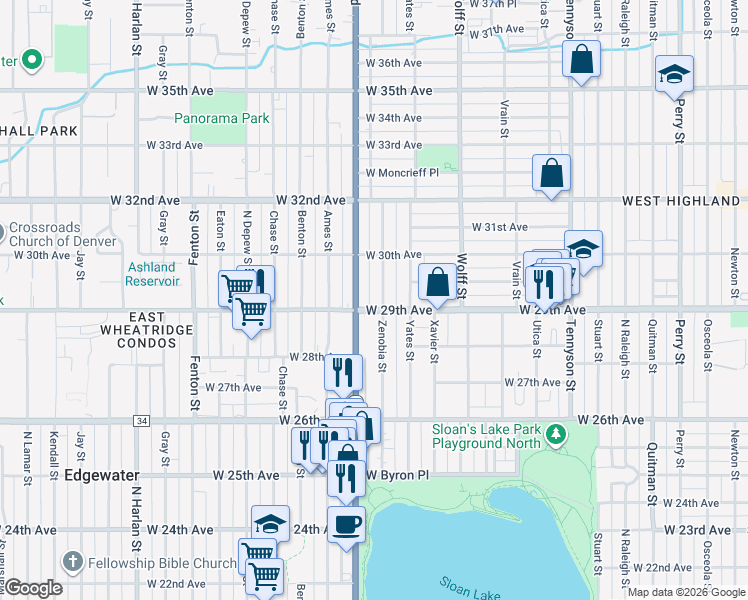 map of restaurants, bars, coffee shops, grocery stores, and more near in Denver
