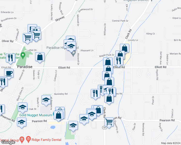 map of restaurants, bars, coffee shops, grocery stores, and more near 1020 Elliott Road in Paradise