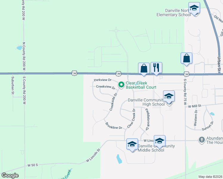 map of restaurants, bars, coffee shops, grocery stores, and more near 207 Creekview Drive in Danville
