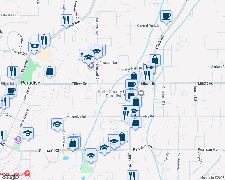 map of restaurants, bars, coffee shops, grocery stores, and more near 1010 Elliott Road in Paradise