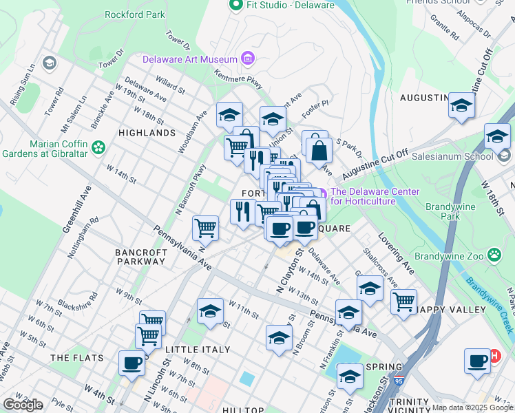map of restaurants, bars, coffee shops, grocery stores, and more near 1615 Laurel Street in Wilmington