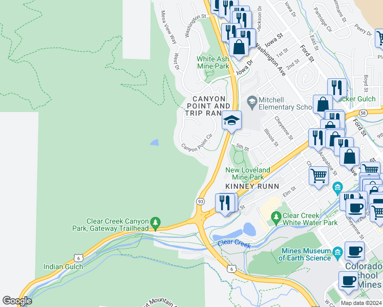 map of restaurants, bars, coffee shops, grocery stores, and more near 423 Canyon Point Circle in Golden