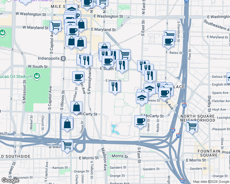 map of restaurants, bars, coffee shops, grocery stores, and more near South Alabama Street in Indianapolis