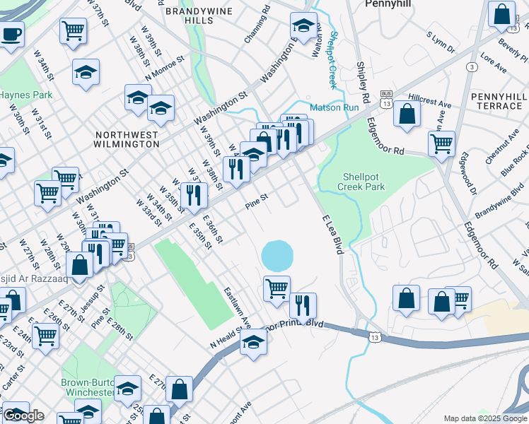 map of restaurants, bars, coffee shops, grocery stores, and more near 108 East 40th Street in Wilmington