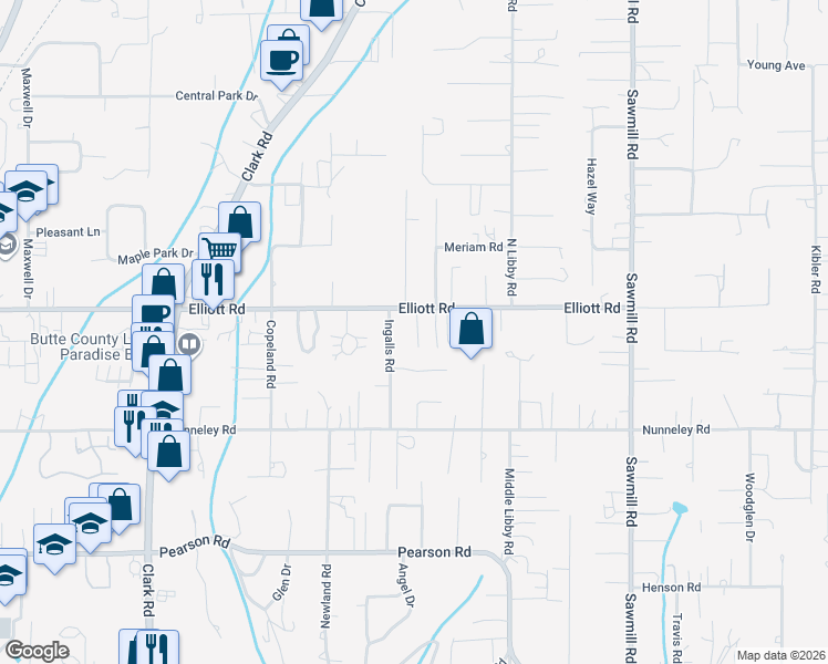 map of restaurants, bars, coffee shops, grocery stores, and more near 5852 Ingalls Road in Paradise