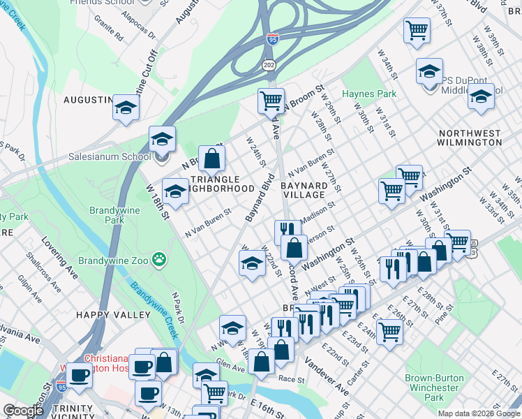 map of restaurants, bars, coffee shops, grocery stores, and more near 609 West 23rd Street in Wilmington