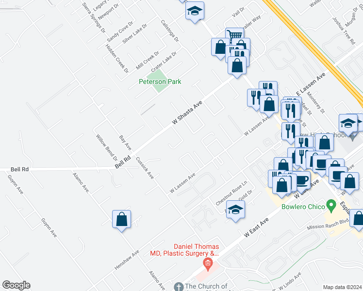 map of restaurants, bars, coffee shops, grocery stores, and more near 529 Countryside Lane in Chico