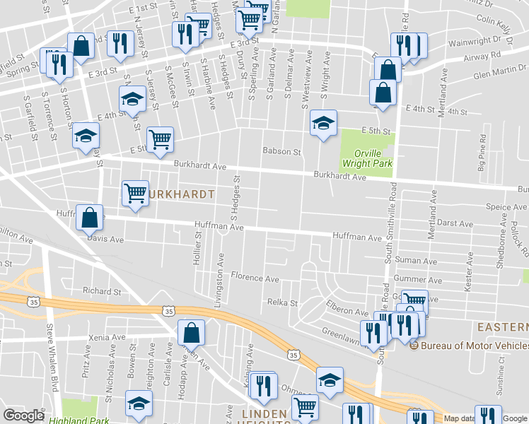 map of restaurants, bars, coffee shops, grocery stores, and more near 410 Pleasant Avenue in Dayton