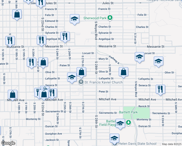 map of restaurants, bars, coffee shops, grocery stores, and more near 2716 Olive Street in Saint Joseph