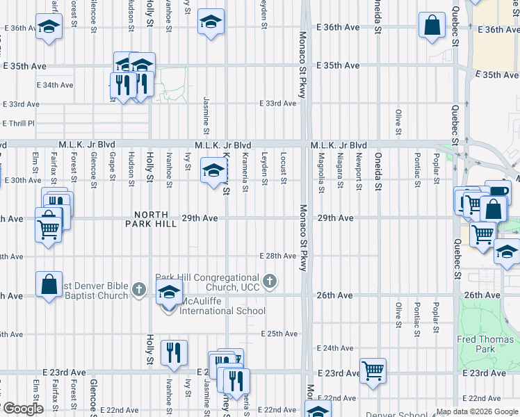 map of restaurants, bars, coffee shops, grocery stores, and more near 2936 Krameria Street in Denver