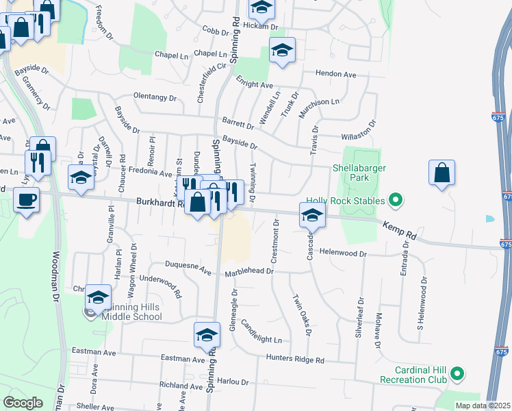 map of restaurants, bars, coffee shops, grocery stores, and more near 548 Twinning Drive in Dayton
