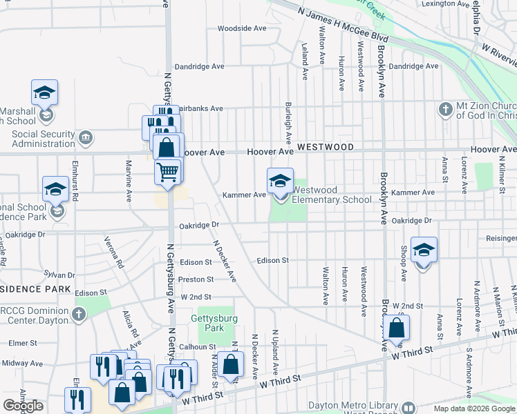 map of restaurants, bars, coffee shops, grocery stores, and more near 629 North Upland Avenue in Dayton