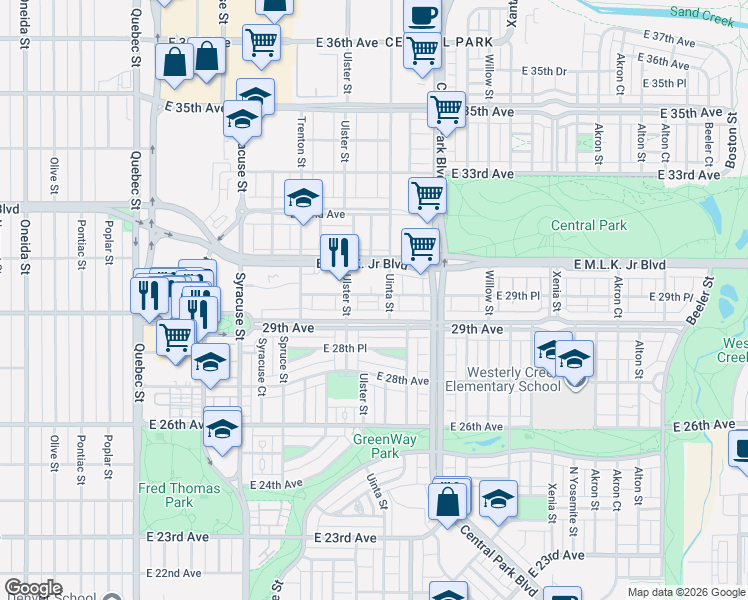map of restaurants, bars, coffee shops, grocery stores, and more near 8180 E 29th Pl in Denver