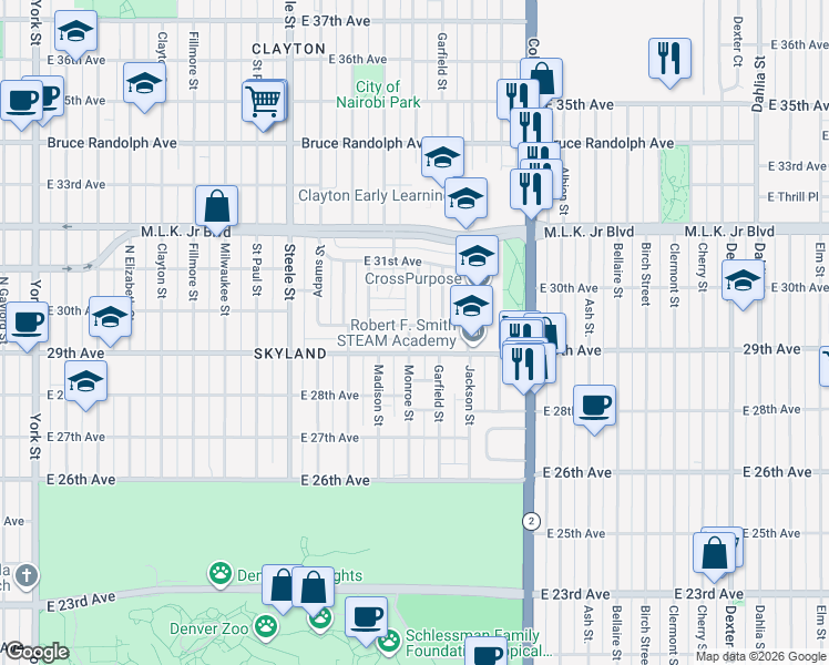 map of restaurants, bars, coffee shops, grocery stores, and more near 3600 East 30th Avenue in Denver