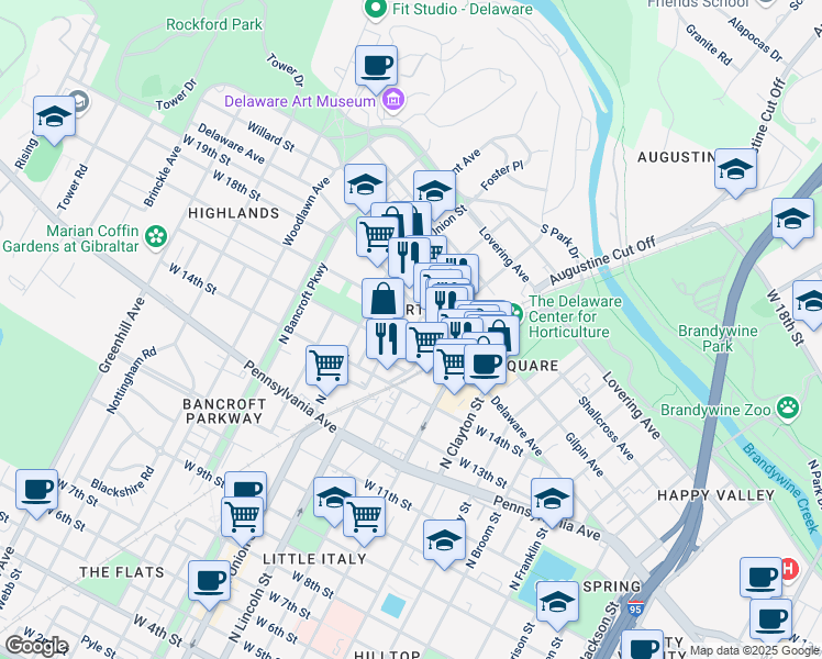 map of restaurants, bars, coffee shops, grocery stores, and more near 1617 Laurel Street in Wilmington