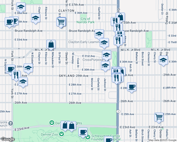 map of restaurants, bars, coffee shops, grocery stores, and more near 3500 East 30th Avenue in Denver