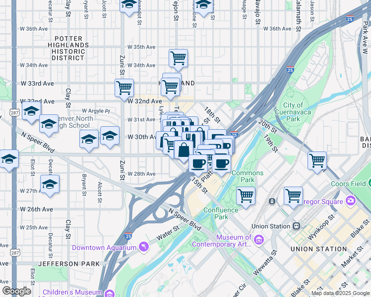 map of restaurants, bars, coffee shops, grocery stores, and more near 1560 Boulder Street in Denver