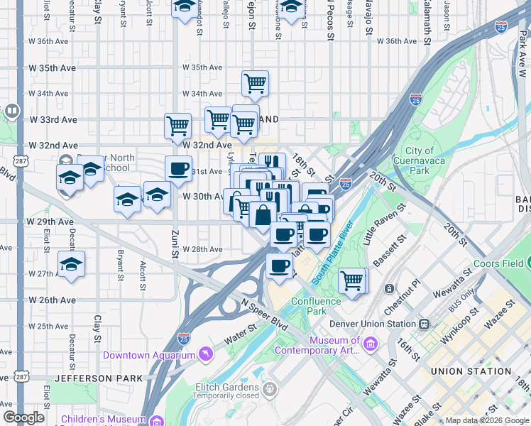 map of restaurants, bars, coffee shops, grocery stores, and more near 1560 Boulder Street in Denver