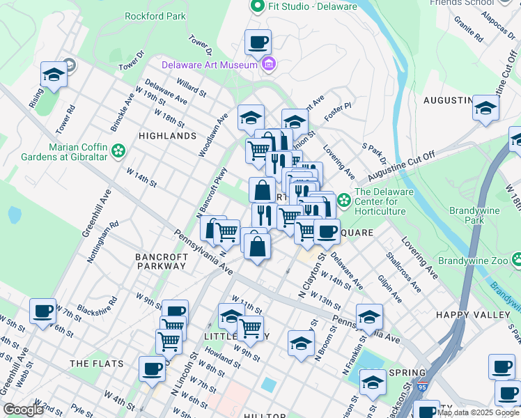 map of restaurants, bars, coffee shops, grocery stores, and more near 1903 West 16th Street in Wilmington