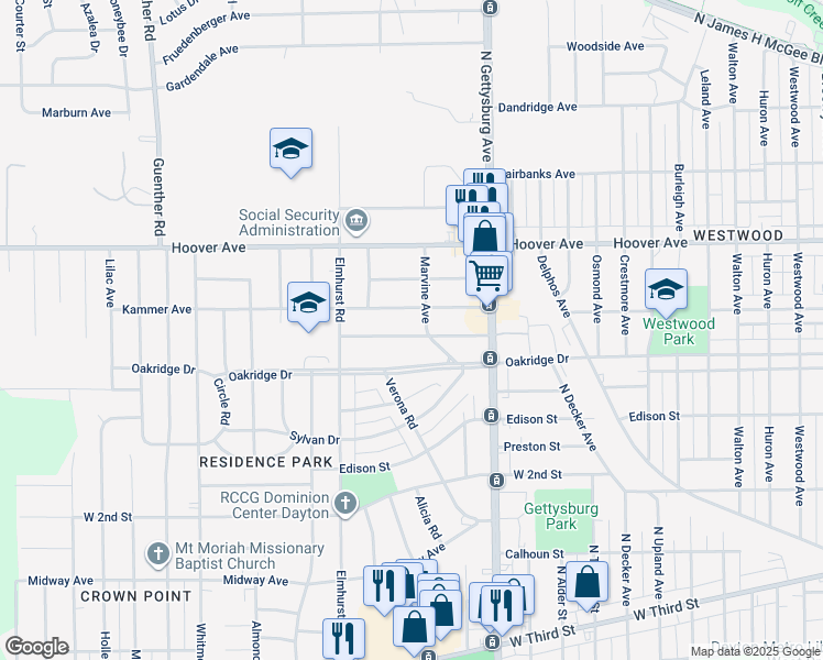 map of restaurants, bars, coffee shops, grocery stores, and more near 4115 Shenandoah Drive in Dayton