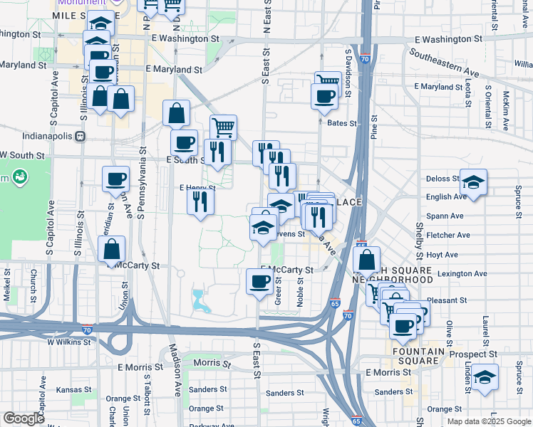 map of restaurants, bars, coffee shops, grocery stores, and more near 545 South East Street in Indianapolis