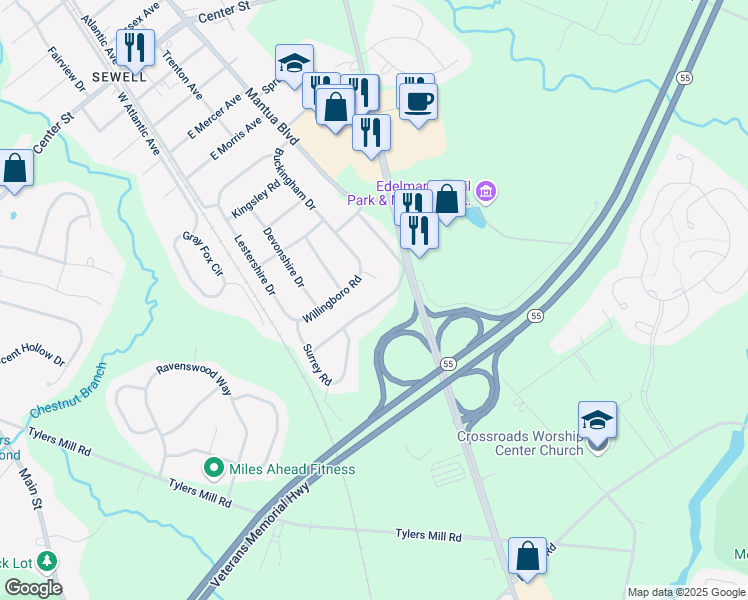 map of restaurants, bars, coffee shops, grocery stores, and more near 957 Mantua Boulevard in Mantua Township