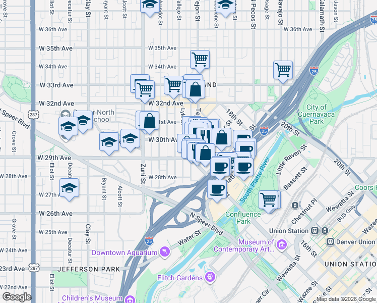 map of restaurants, bars, coffee shops, grocery stores, and more near 2925 15th Street in Denver