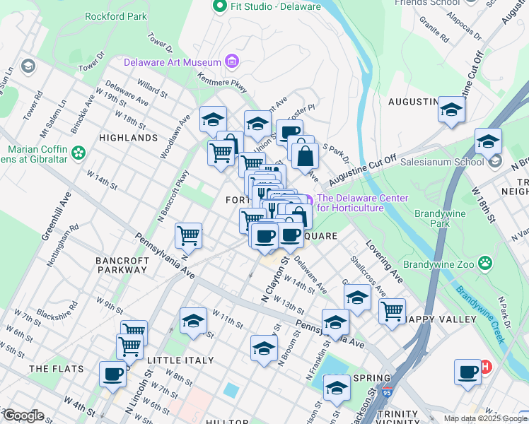 map of restaurants, bars, coffee shops, grocery stores, and more near 1723 Delaware Avenue in Wilmington
