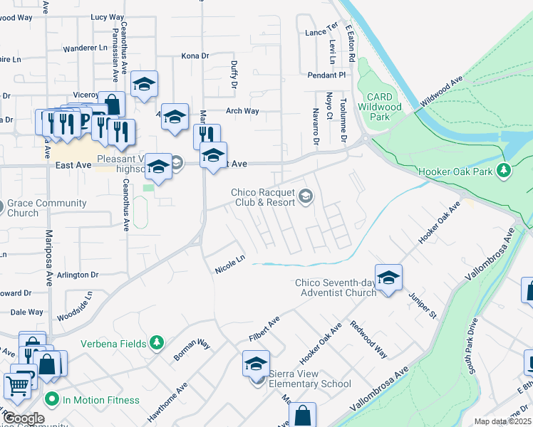 map of restaurants, bars, coffee shops, grocery stores, and more near 990 Jonell Lane in Chico