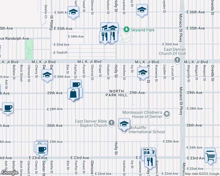 map of restaurants, bars, coffee shops, grocery stores, and more near 2920 Hudson Street in Denver
