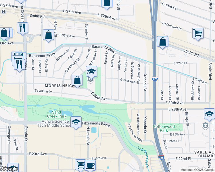 map of restaurants, bars, coffee shops, grocery stores, and more near 3064 Ursula Street in Aurora
