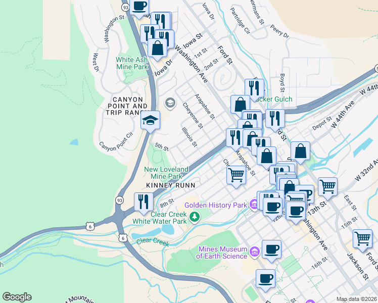 map of restaurants, bars, coffee shops, grocery stores, and more near 1114 6th Street in Golden