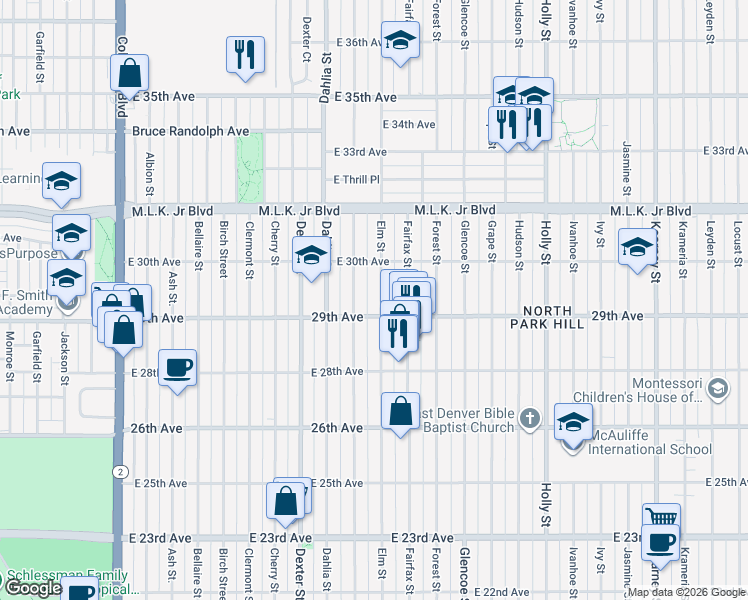 map of restaurants, bars, coffee shops, grocery stores, and more near 2933 Elm Street in Denver