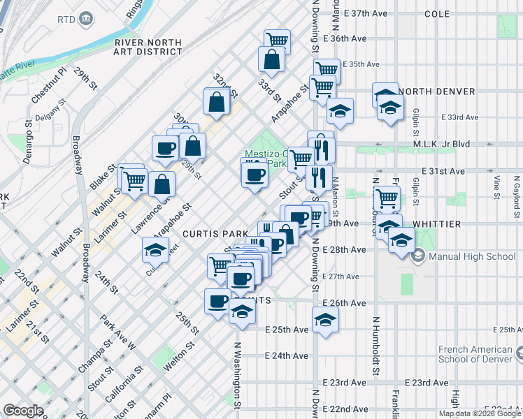 map of restaurants, bars, coffee shops, grocery stores, and more near 3015 Stout Street in Denver